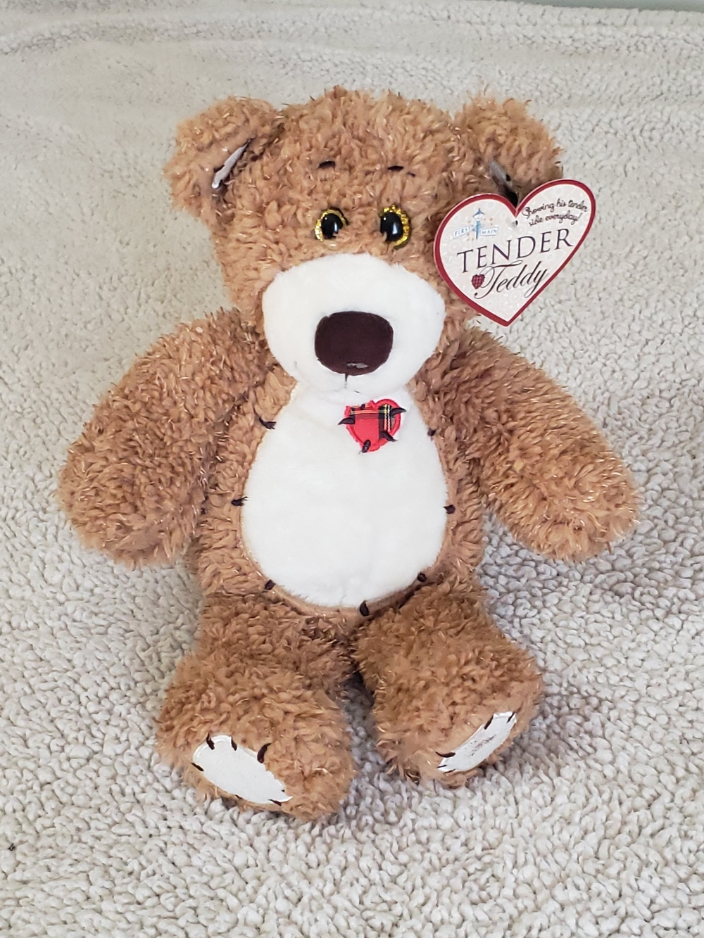 Tender Teddy Brown Plush Bear with White Belly & Heart Patch | 8" Tall NEW